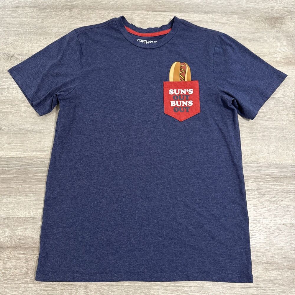 Hot Dog Shirt Men’s Large Blue Sun’s Out Buns Out Pocket Fifth Sun Humor